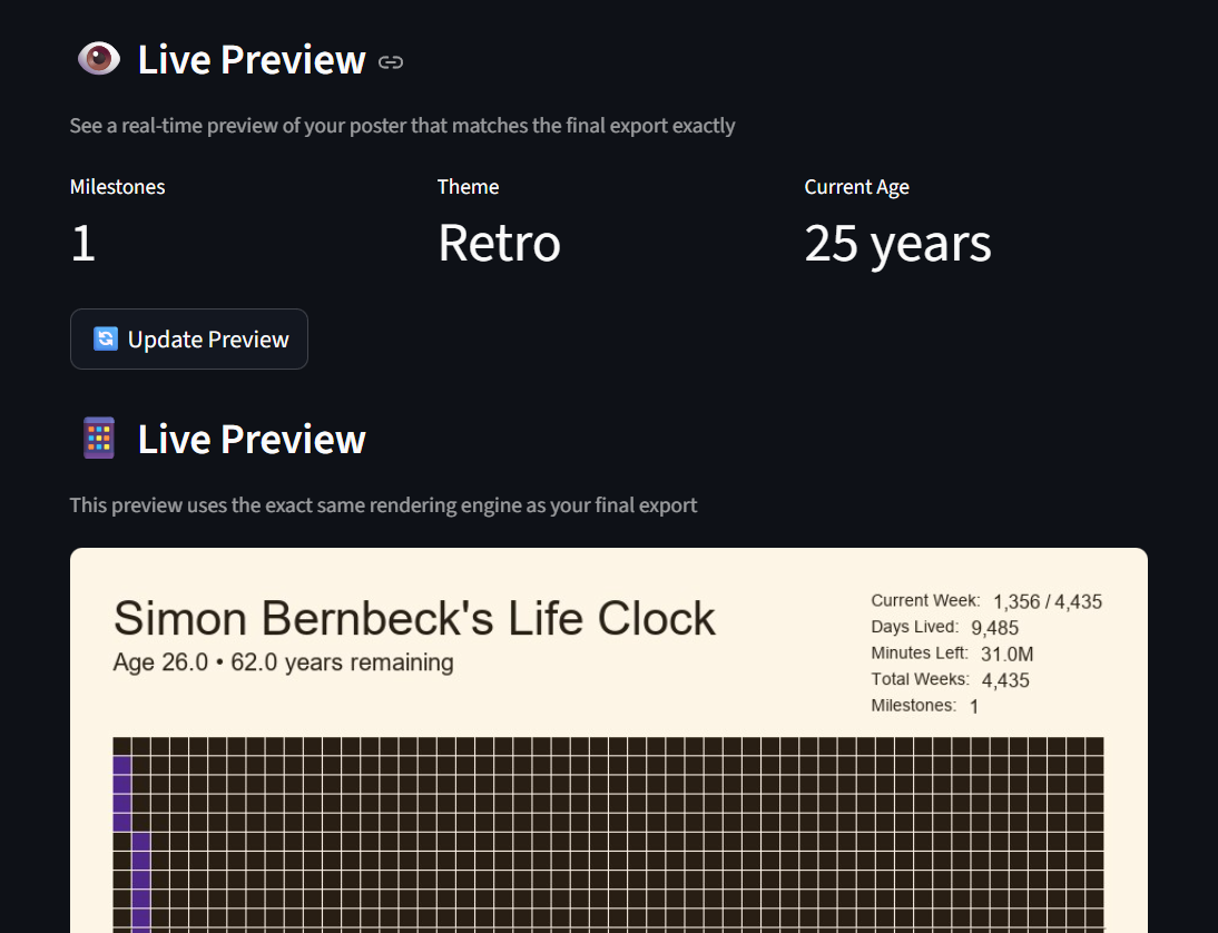 LifeClock Streamlit UI: Live-Vorschau-Metriken, Update-Button und gerendertes Poster