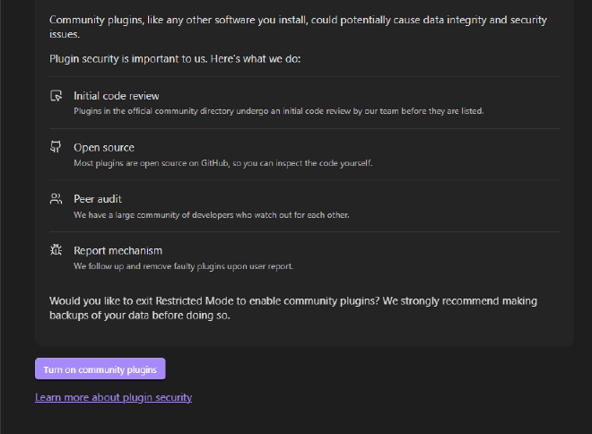 Obsidian-Hinweis zum Aktivieren von Community-Plugins mit Sicherheitshinweis