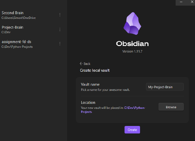 Obsidian-Dialog Lokalen Vault erstellen mit Vault-Name und Speicherort