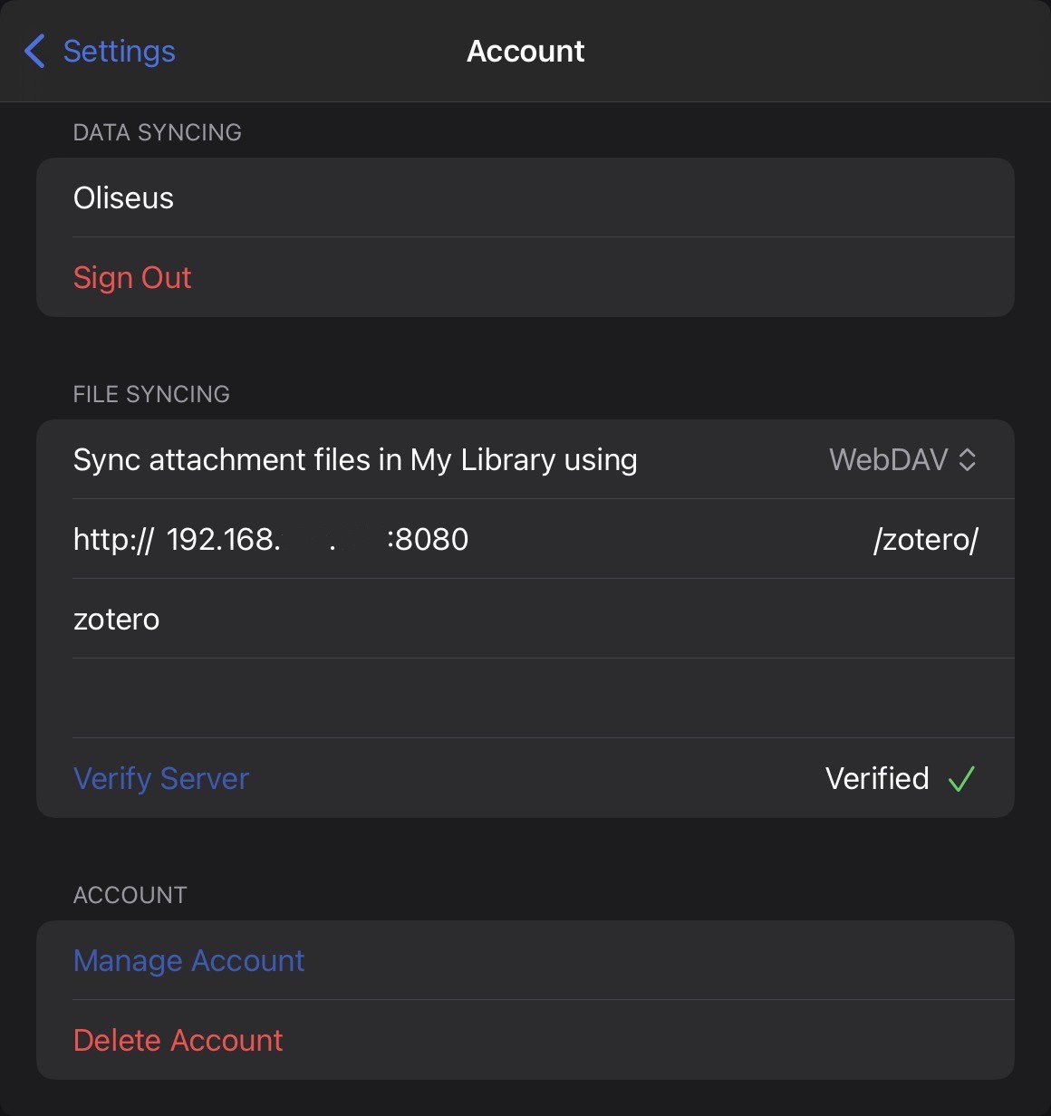 Zotero iPad WebDAV-Einstellungen